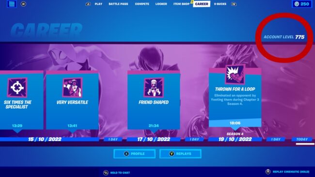 fortnite account level career tab